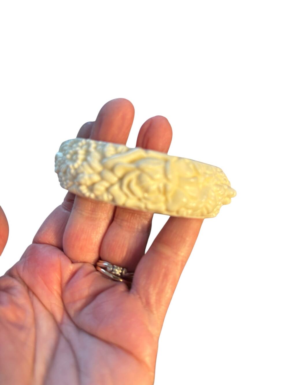 Vintage Ivory Floral Carved Bangle Bracelet Wide Cream Acrylic Relief 80s 8”